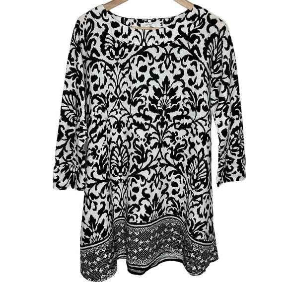 Tyler Boe Womens Linen Tunic Dress Small White Black Scroll 3/4 Sleeve Cover Up - Picture 1 of 11